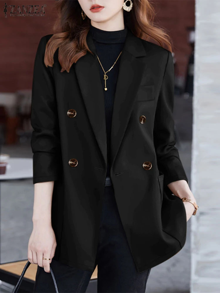 Casual Women Blazer Solid Office Lady Commute 2025 Spring Thin Jackets Lapel Neck Double-Breasted Long Sleeve Blazer