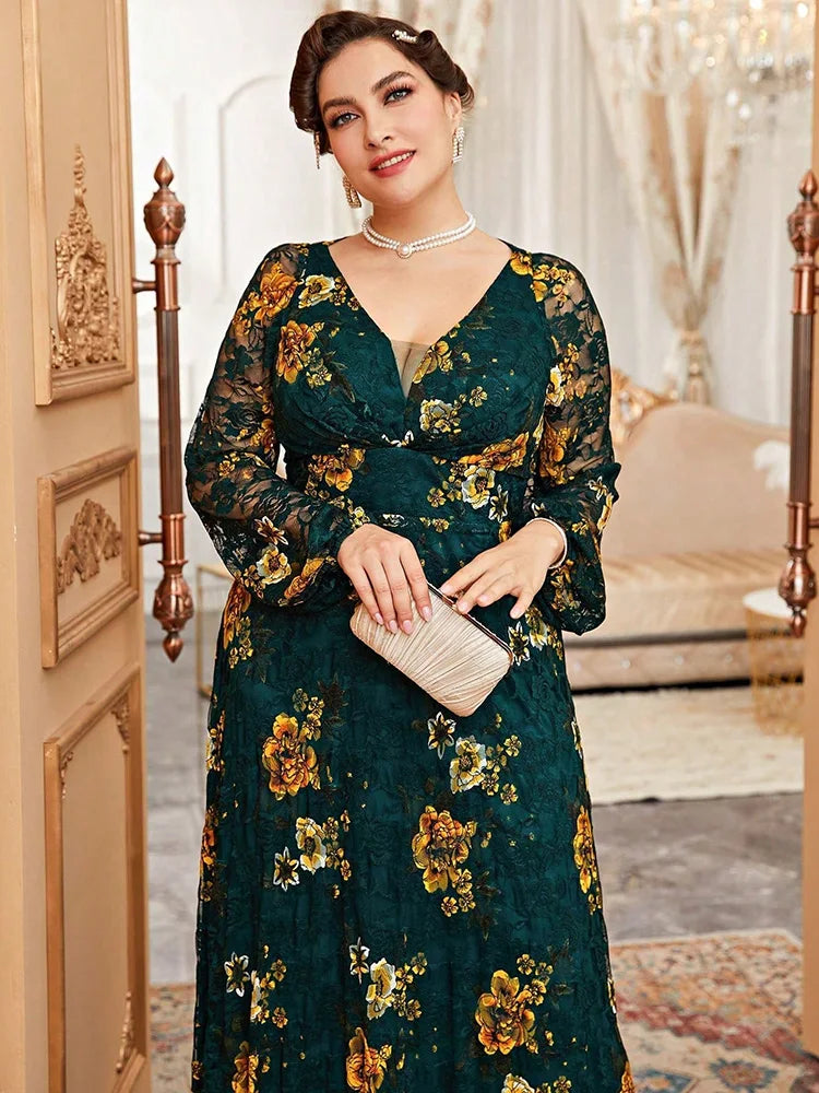 Spring Summer Lace Mesh Floral Print Lantern Sleeve Women Clothing 2024 New Plus Size Luxury Elegant Party Evening Dress