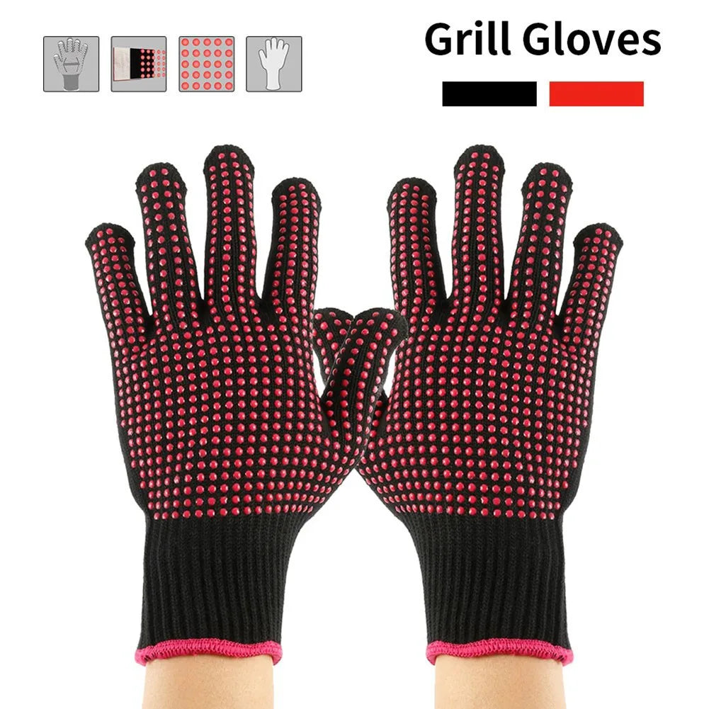 1 Pair Barbecue Anti-scald Gloves Heat Resistant BBQ Oven Gloves Kitchen Fireproof Anti-slip Gloves For Cooking