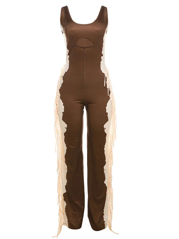 Chic Contrast Patchwork Jumpsuit Women Sexy Hollow Sleeveless Tassel New Trend Fashion Stretch Workout Long Overalls
