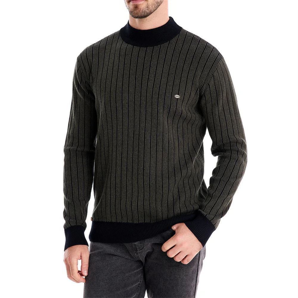 Men's Mock Neck Cotton Pullover Sweaters Autumn Winter Warm Stripped Sweater for Men