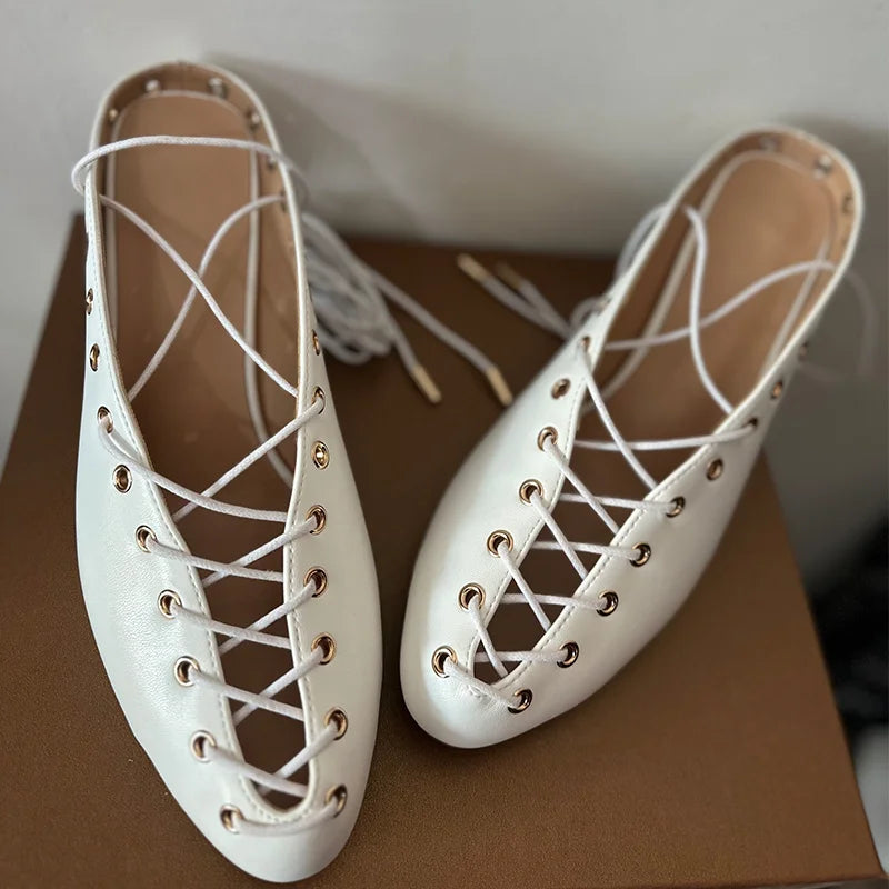 Women White Closed ToeLace Up Mules Kitten Heel Stiletto Summer Sandals Coeset Heels