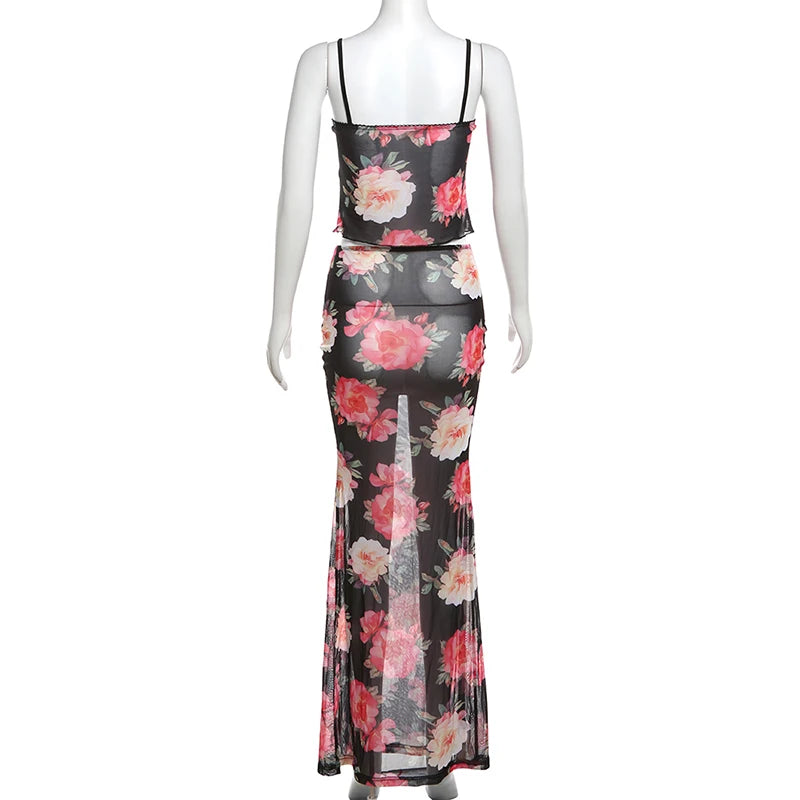Women's Floral Print 2 Piece Set Slits Slim Long Skirt + Low-Neck Camisole 2025 Vacation Matching Fashion Elegant Hipster Suits
