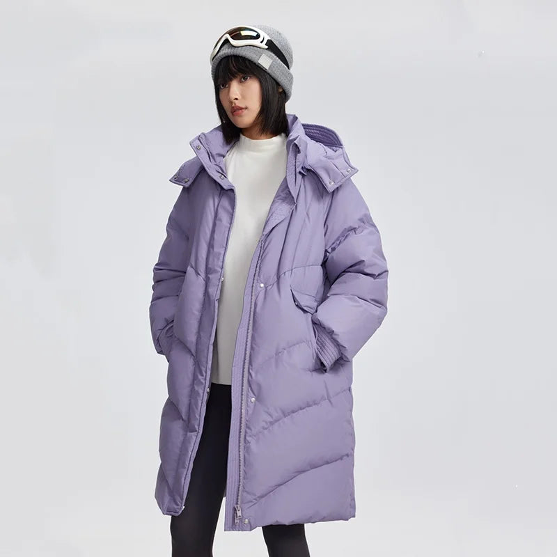 Women's Winter Down Jacket Duck Down Detachable Hood Puffer Coats, Simple Korean Style Mid-Length Jacket for Ladies