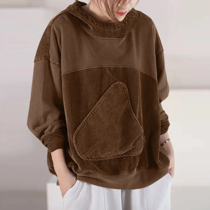 Women Patchwork Corduroy Hoodies Loose Casual Irregular Pocket Hooded Sweatshirts 2024 Fall Colour Block Long Sleeve Tops