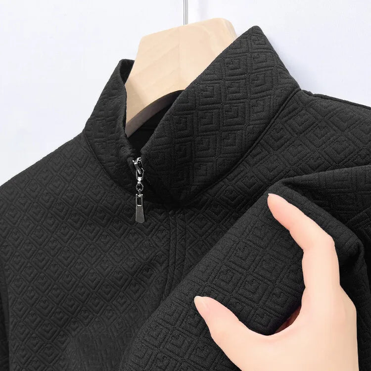 Men's Zipper Stand-Up Collar Long Sleeve T-shirt, Autumn & Winter Fashion Brand Loose Pullover With Advanced Geometric Jacquard Fabric
