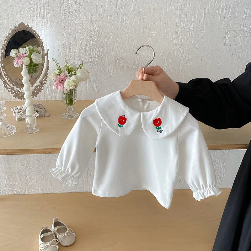 Herfst Baby Onderhemdjes Zoete Borduurwerk Bloem Strik Baby Meisjes Bottoming Shirt Peuter Dunne Kleding Tops 0-3T Meisjes