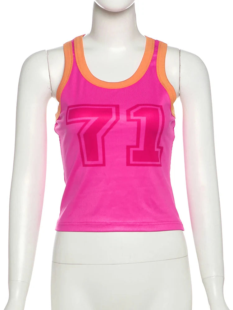 Number Print Vests Summer Trend o-Neck Patchwork Skinny Stretch Street Daily Hottie Sporty Simple Classic Women Tops