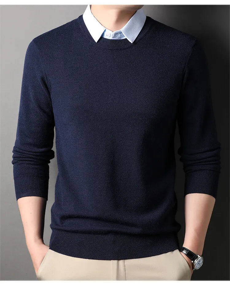 Unisex Knit Sweater Dark Navy False Two-Piece Design Thickened Layered Look With Built-in Collar Soft Touch & Warm Sweater For Men & Women