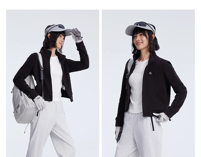 Women's Stand Collar Thermal Polar Fleece Jacket, Integrated Seam Pocket, Silver-Thread Embroidery Short Coats For Ladies