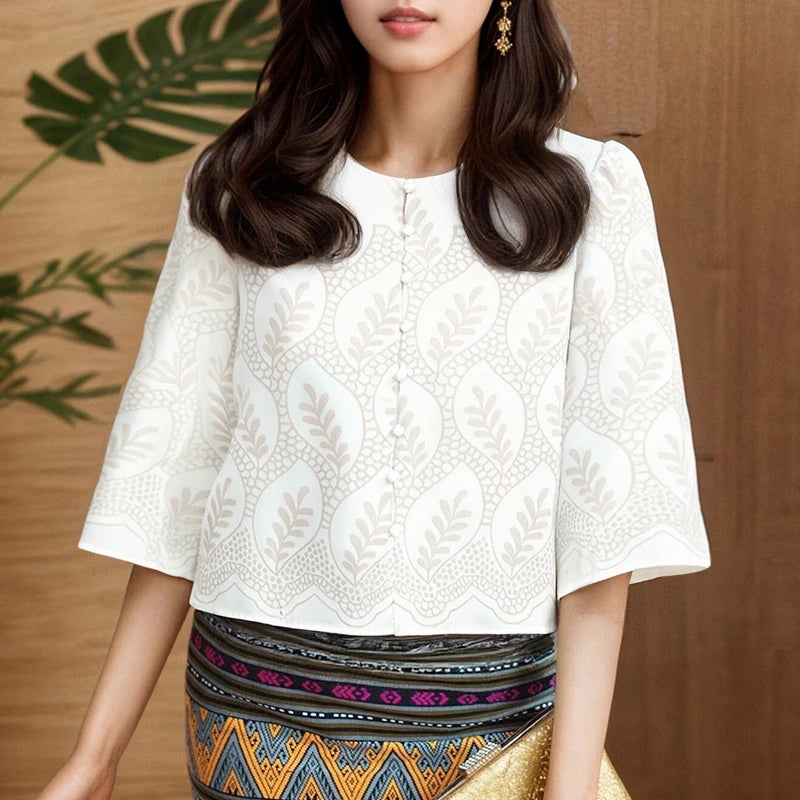 Casual Printing Shirts Women 2025 Autumn Elegant O-Neck Three Quarter Sleeve Button Up Chemises Femme Everyday Wear Tops