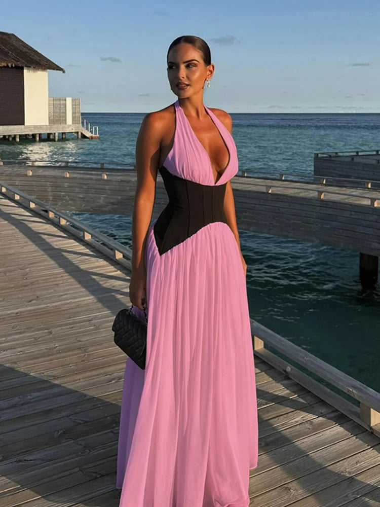 Elegant Contrast Patchwork Dress Women Halter Low-Neck Backless Ruched Ruffles Hem Vacation Beach Party Long Bodycon
