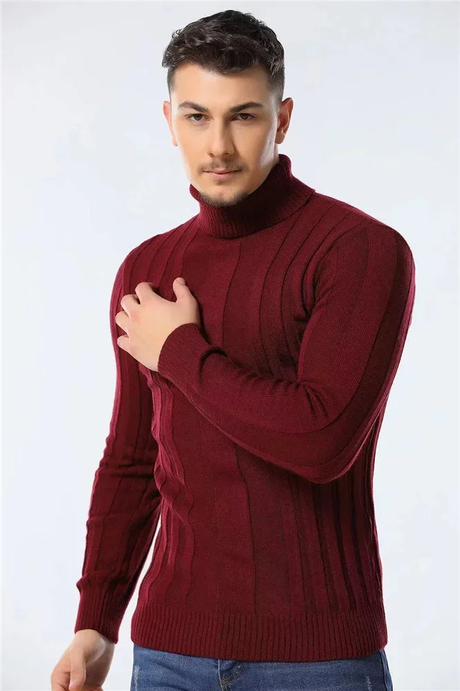 Men's Slim Fit Pullovers Turtleneck Casual Basic Solid Colour Warm Striped Sweater Male Winter Fashion Sweaters