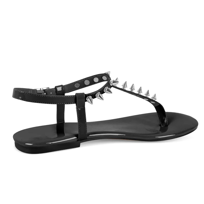 Women Round Toe T-Strap Rivet Flats Sandals Big Size Fashion Summer Sliper