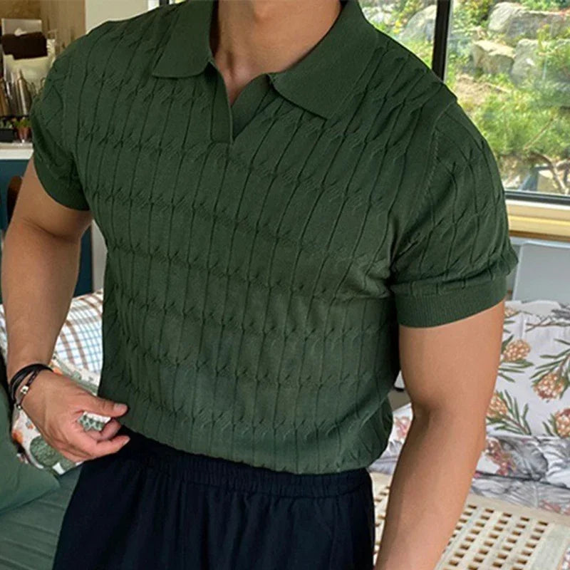 Men's Jacquard Knitted Polo, Casual V-Neck Striped T-shirt, Solid Colour Short Sleeved Lightweight Breathable Luxury Male Clothing