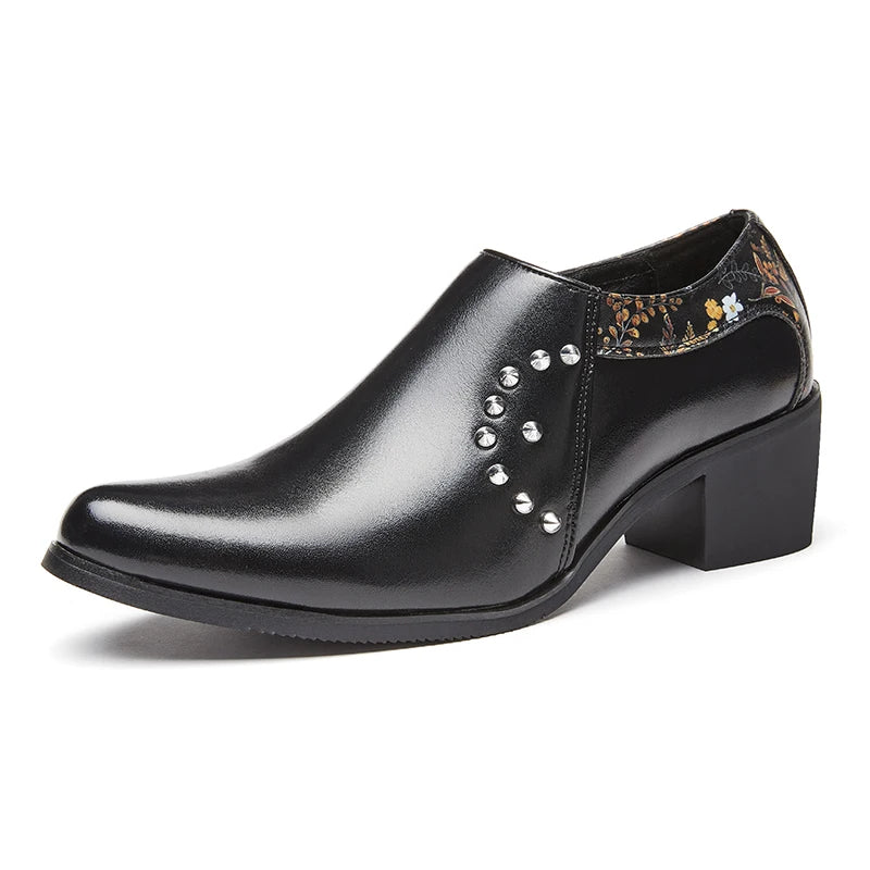 Retro Men European Fashionable Rivet Oxfords Dress Shoes High Heel Male Party Dressing Shoes Height Increasing Zipper Shoe