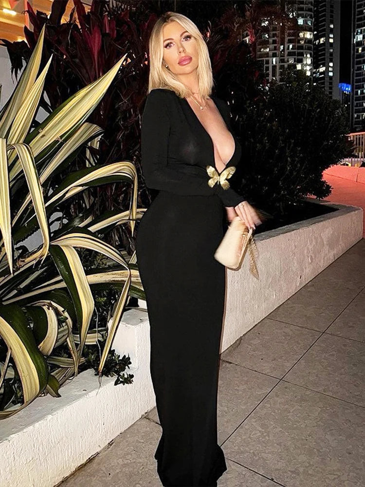 Women's Metal Butterfly Decoration Dress Sexy Deep V-Neck Full Sleeve Gown Midnight Prom Party Elegant Skinny Vestidos