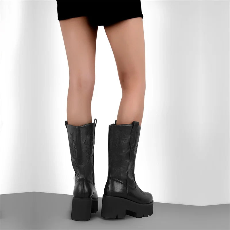Women Platform Mid Calf Boots Black Chunky High Heels Big Size Lady Short Booties