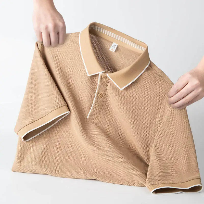 Men's Business Casual Polo Shirt With White Trim Short Sleeve, Classic Collar Design, Breathable, & Male Stylish T-Shirt