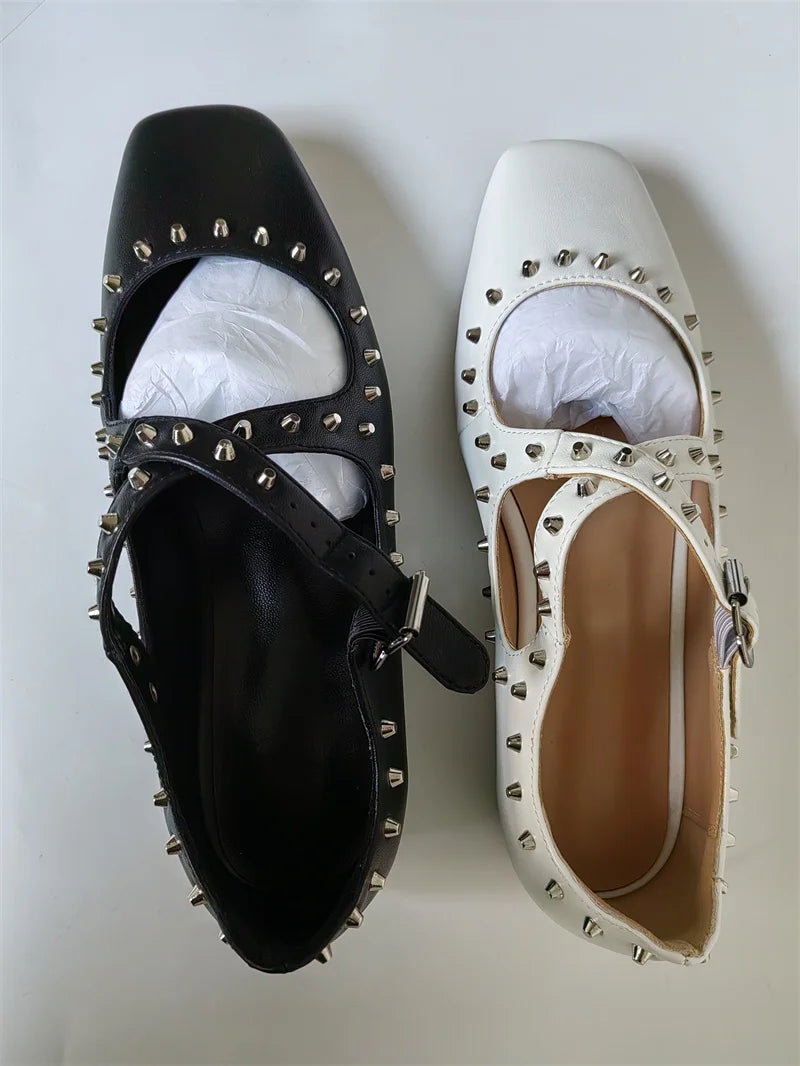 Women White Square Toe Matte Flats Strap Retro Elegant Big Size Daily Flats
