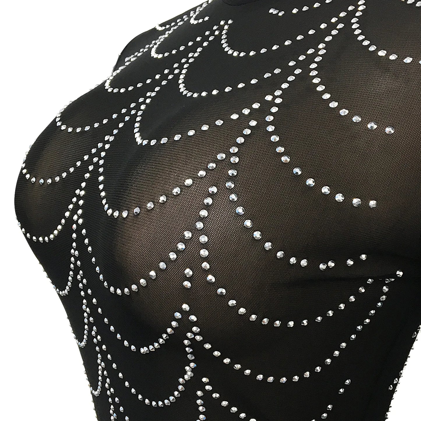 Sexy Rhinestone Sheer Mesh Long Sleeve Party Dress