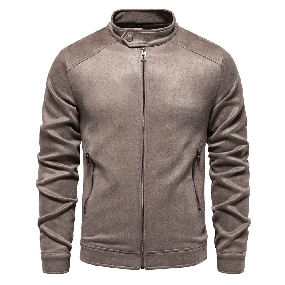 Men's Stand Collar Zip Suede Jacket Fashion Casual Business Faux Leather Trucker Jackets Coat for Men