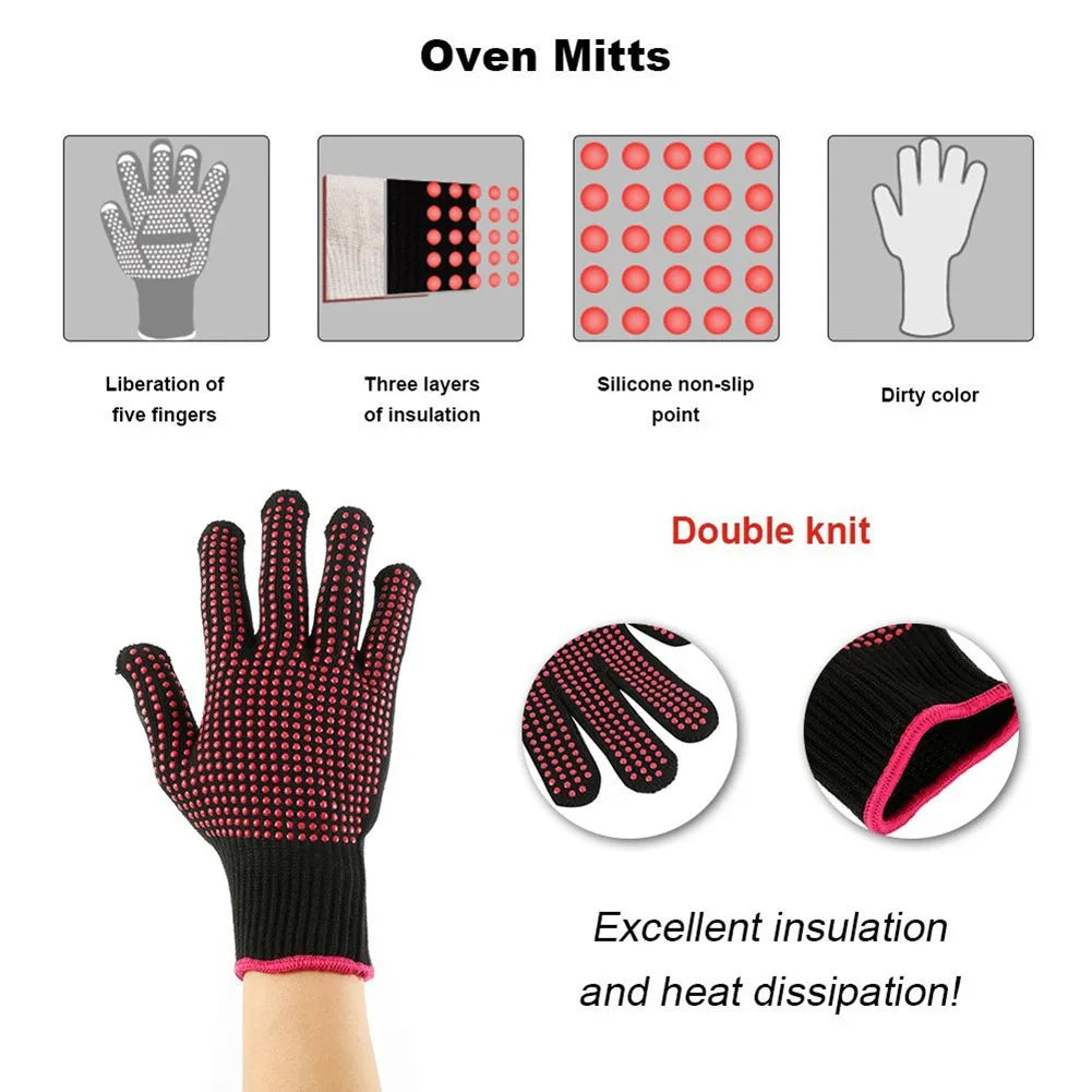 1 Pair Barbecue Anti-scald Gloves Heat Resistant BBQ Oven Gloves Kitchen Fireproof Anti-slip Gloves For Cooking