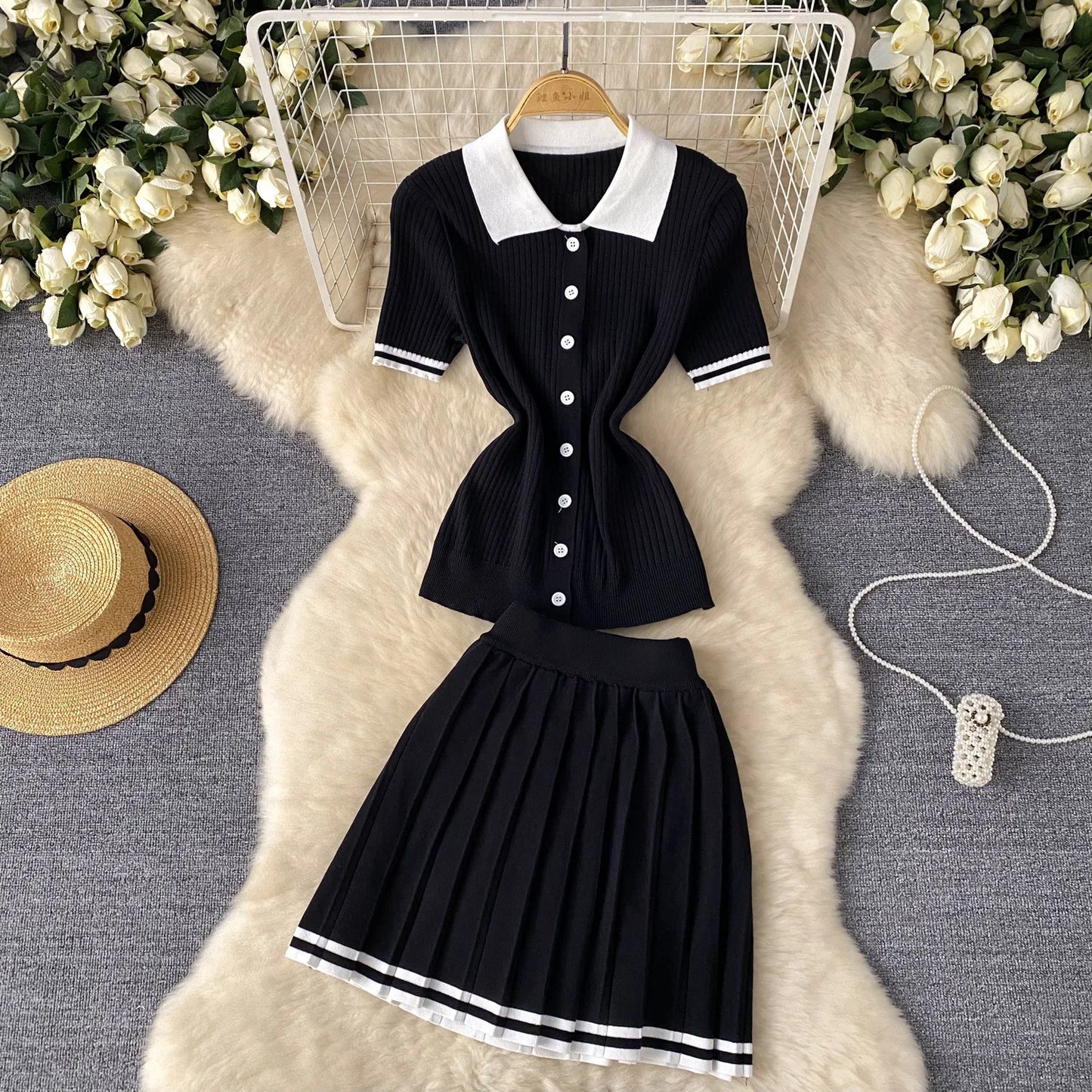 Women's Fashion Patchwork 2 Piece Set Polo-Neck Single-Breasted Tops + Ruched Ruffles Mini Skirts Y2K Style Street Outfits