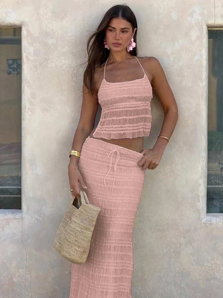 Sexy See-Through 2 Piece Set Women Lace-Up Halter Backless Crop Tops + Ruched Elegant Skirts Vacation Beach Party Suits