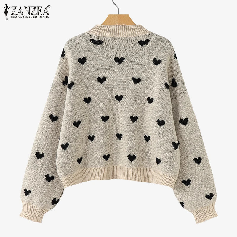 Women Loose Knitted Sweaters 2025 Spring Autumn Lantern Sleeve O Neck Heart Pattern Pullovers Streetwear Stylish Tops