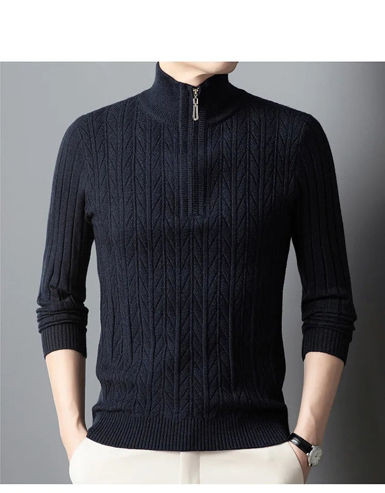 Men's High-Quality Semi-High-Neck, Business Casual Warm Sweater, Stretchy Striped Male Pullover Sizes M-4XL