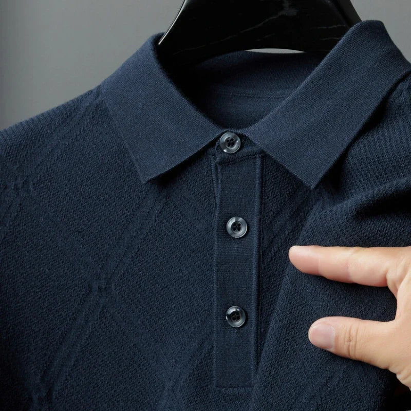 Men's Solid Colour Geometric Pattern Warm Polo, High Quality Woollen Sweater, Suitable For Business Casual & Daily Commute