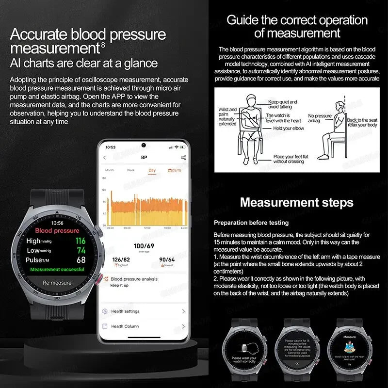 Airbagtype Bloeddruk Smartwatches Bloedzuurstof Sportoproep Gezondheidsmonitoring Saffierglas AMOLED Luchtpomp Smartwatch met NFC