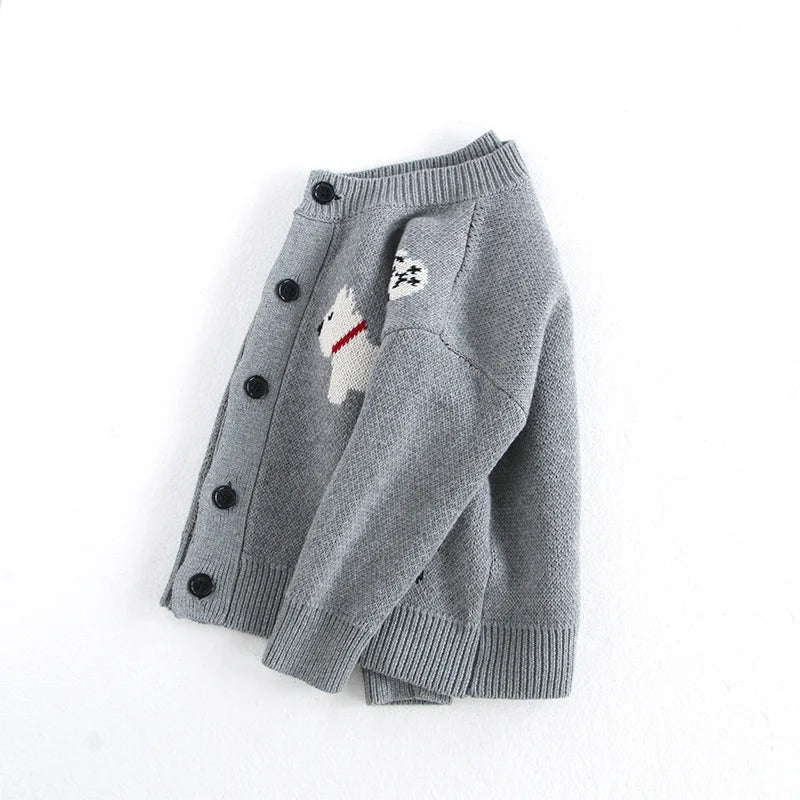 Spring Children's Sweater Jacket Jacquard Cute Dog Boys Single Breasted Buckle Cardigan Top Girls Knitted Sweater 1-8Y Unisex