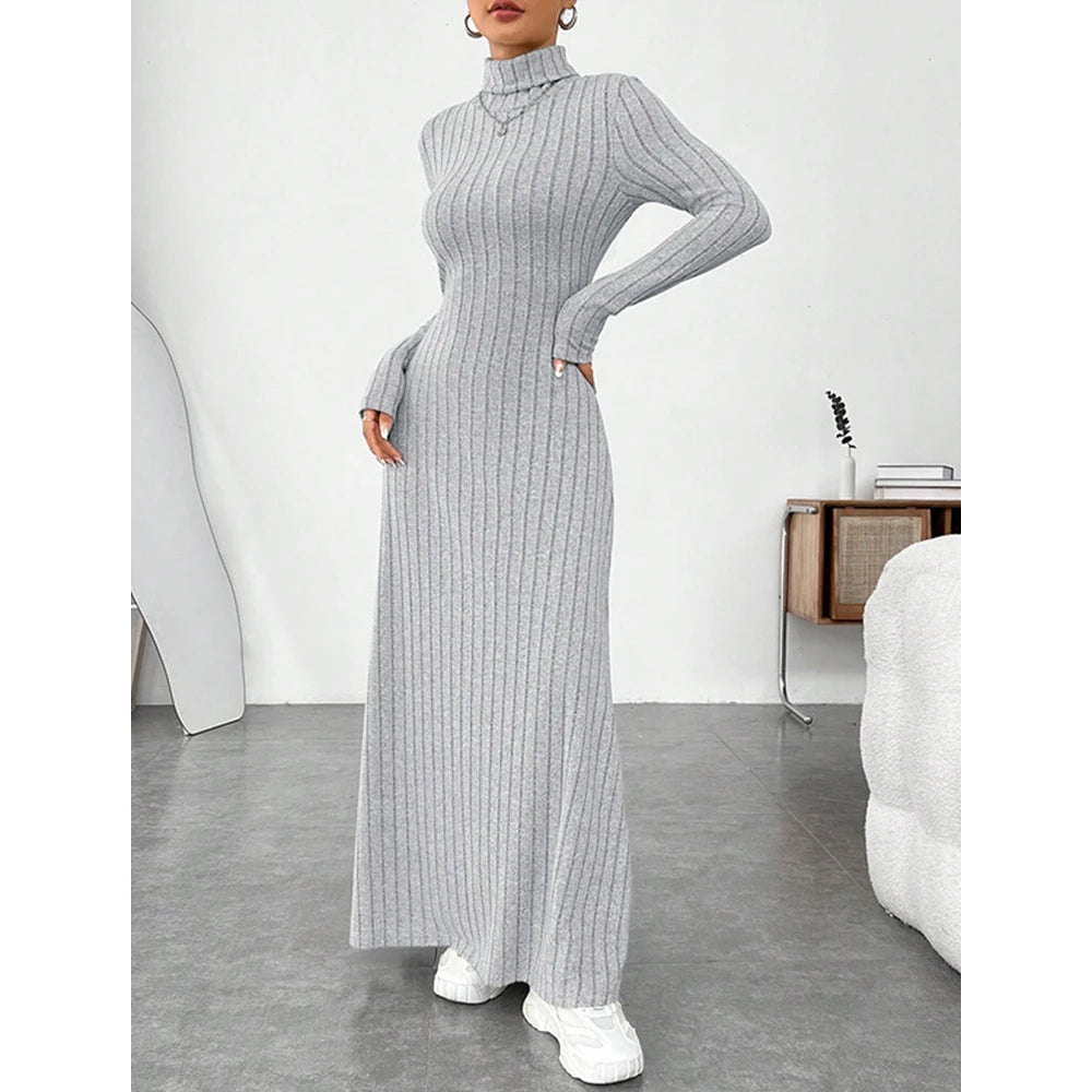 Women's Dresses Autumn Winter Decent Simple Solid Colour Long Sleeve High-Neck Maxi Wrap Casual Dresses