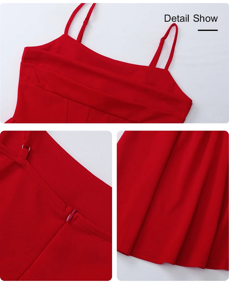 Women's A-Line Mini Short Dresses Square Neck Sleeveless Solid Red Elegant Party Summer Sexy Milkmaid Pleated Dresses