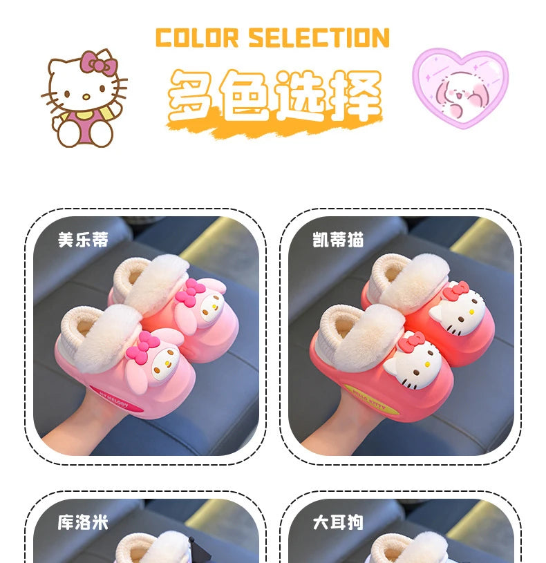 Girls' Home Fur Slippers Kawaii Anti-Skid Warm Cotton Cartoon Plush Waterproof Home Winter Shoes Size 24-41