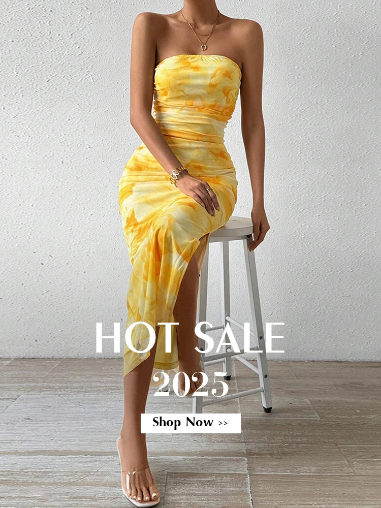 Dresses Summer Vacation Decent Graphic Print Strapless Sleeveless Off Shoulder Maxi Side Slit Dresses For Women