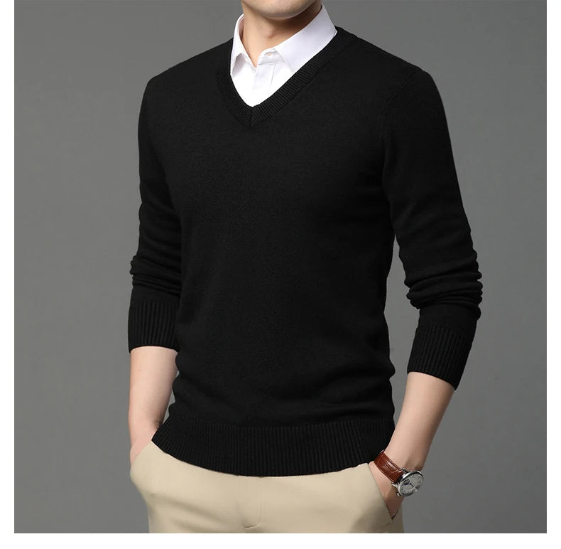 Men's High Quality Fashion Brand, Woollen Knit Pullover V-Neck Sweater, Autumn and Winter Casual Male Jumper