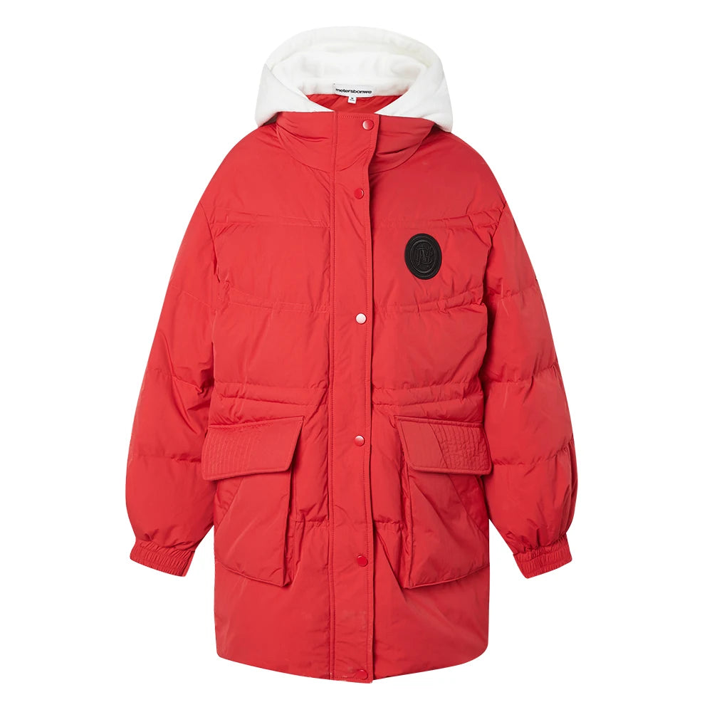 Women's Faux Two-Piece Mid-Length Puffer Jacket With Cosy Polar Fleece Lining, Hooded Warmth Loose Duck Down Coats For Ladies