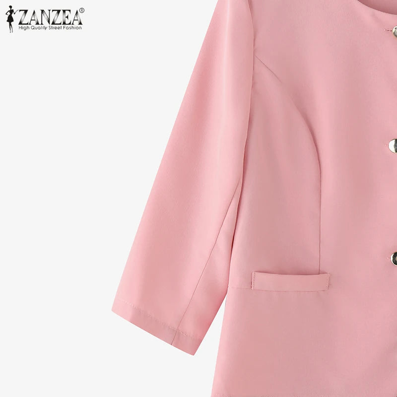 Elegant Women Over Shirts 2025 Autumn Fashion Round Neck 3/4 Sleeve Button Up Chemises Femme Office Wear Solid Outerwear