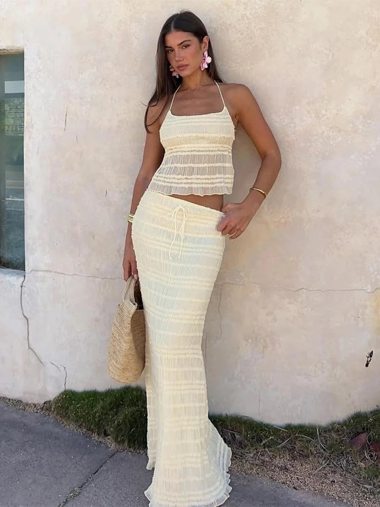 Sexy See-Through 2 Piece Set Women Lace-Up Halter Backless Crop Tops + Ruched Elegant Skirts Vacation Beach Party Suits