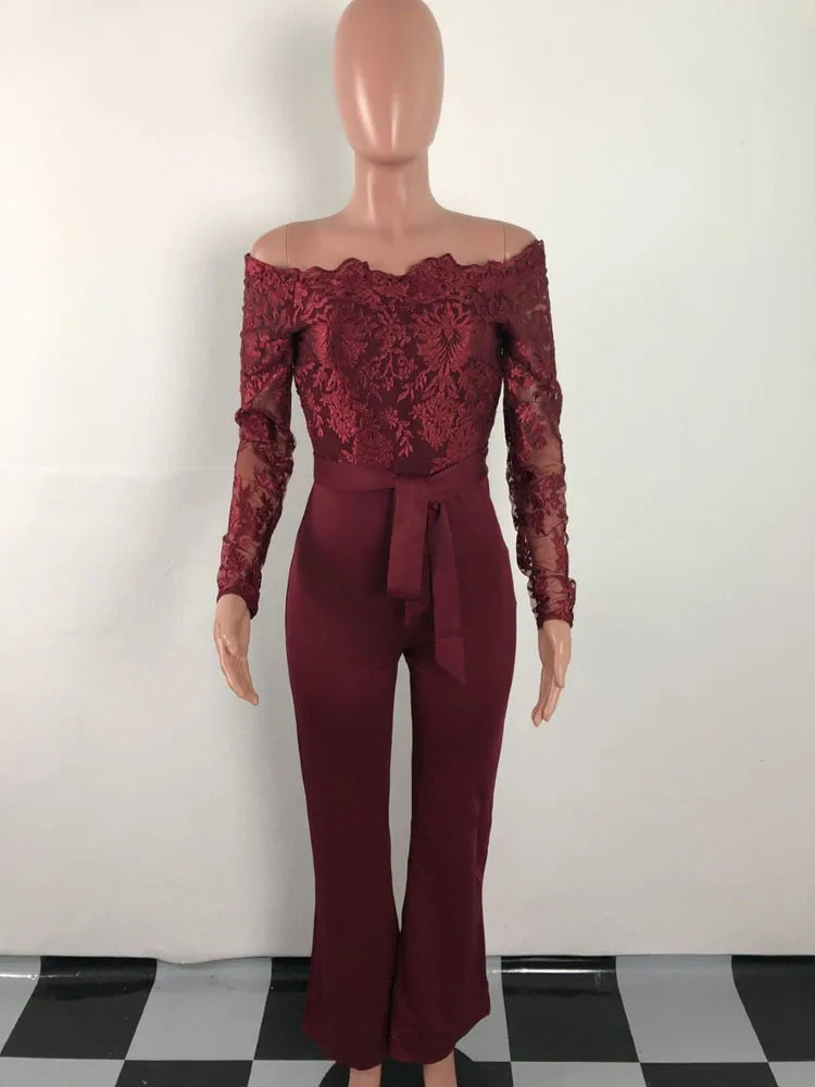 Off Shoulder Mesh Embroidery Long Sleeve Flare Jumpsuit With Belt
