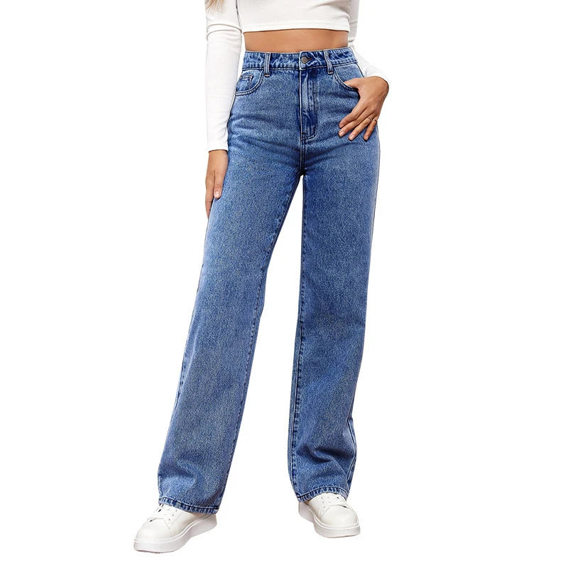 Women's Simple Versatile Straight Jeans Casual Loose High Waist Washed Denim Street Fashion Button Pocket Long Pants