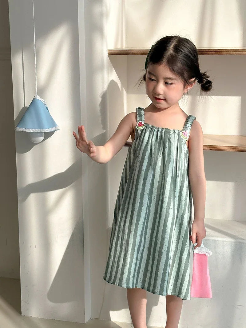 Children's Summer Clothes 2PCs Set Boys' Pure Cotton Striped Tee and Shorts Suit Cute Girls Suspenders Dress Siblings' Outfit Unisex