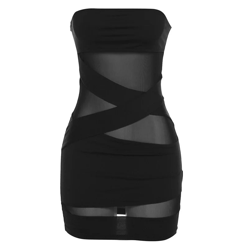 Midnight Dress See-Thought Mesh Patchwork Bandage Wrapped Chest Women Sexy Hip Wraps Dresses Female Partywear Clothing