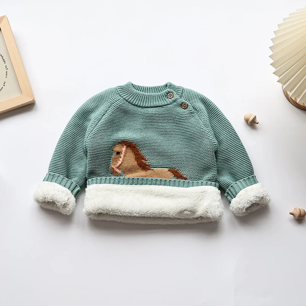Winter New Cartoon Kids Baby Sweaters Fur Lining Kids Knitwear Fleece Boys Girls Pullover Coat 1-6Y Unisex
