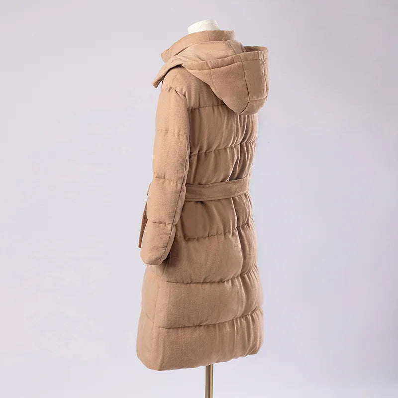 Women's Luxury Puffer Wool Winter Jacket, Duck Down Coat, Long Hat Detachable Hooded Outerwear For Ladies