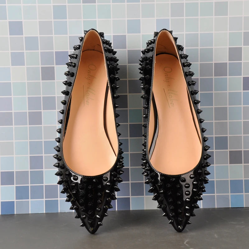 Woman Pointed Toe Rivet Slip On Black Studded Ballet Flat Fashion Elegent Shoes