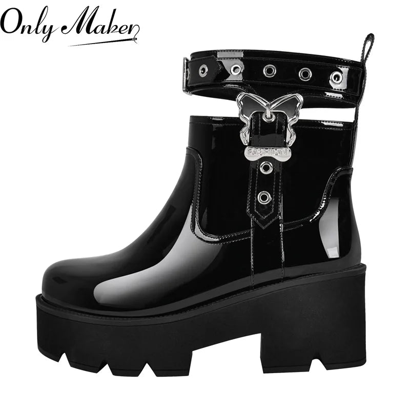 Women Platform Patent Leather Ankle Boots Chunky High Heels Plus Size Black Punk Motorcycle Boots